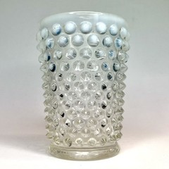 Tea Water Picture Cup Set Blue Opalescent Moonstone Hobnail Anchor Hocking Glass