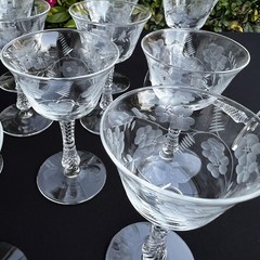 VTG Etched Crystal Champagne Coupe Glasses Set Of 11 Floral Cut Stemware Rock