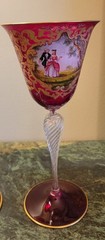 3 MURANO CRANBERRY HAND PAINTED BLOWN GLASS VENETIAN 24k GOLD LEAF STEM GOBLETS