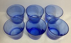 Set Of 6 ~Vintage Cobalt Blue Flare 10 Oz Glasses Rocks 3.25” ~Tiny Scratches
