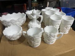 14 Westmoreland White Milk Glass Drinkware & Serving Lot: Mug, Bowls, Pitcher