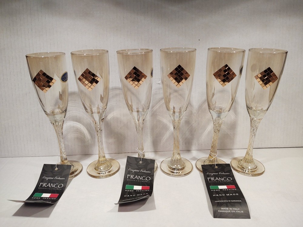 Franco Vetrerie e Cristallerie Champagne Flutes Iridescent Gold Handmade Italy
