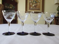 4 Weston Louie Glass WGL1 Gray Cut Leaf Cobalt Blue Foot Cocktail Glasses 4 3/8″
