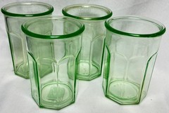 4 Vintage Anchor Hocking Green Glass Octagonal Paneled Tumblers Heavy Drinking