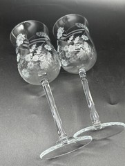 Set of 2 Vintage Wine Glasses Clear, Frosted, Flowers & Wheat Romania Goblets