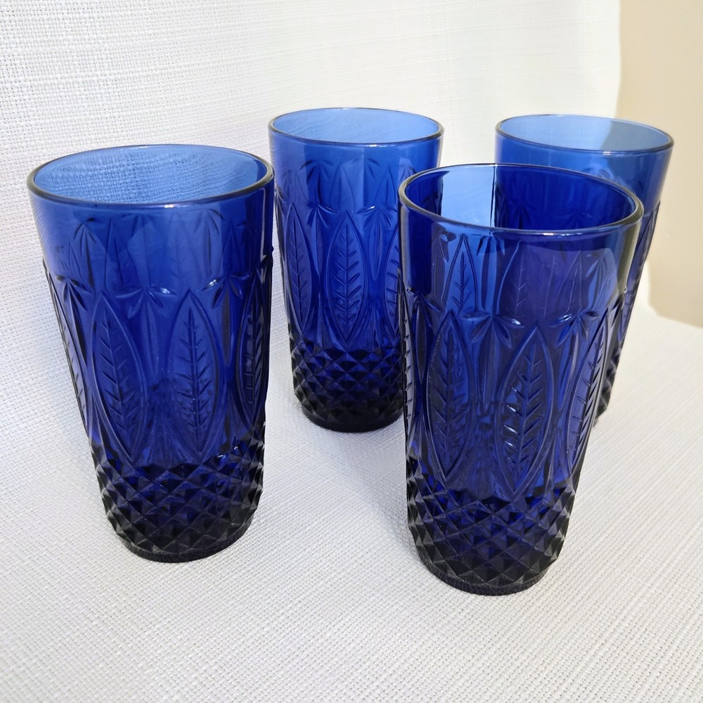 Vtg Arcoroc Blue Sapphire Colbalt Glasses Tumblers Leaf Diamond Pattern Set of 4