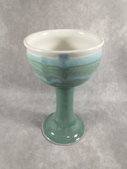 Studio Art Pottery Wine Goblet Chalice Blue Sage Green White Signed