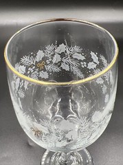 2 Libbey Frosted Holly & Pine, Gold Ribbon & Trim Water / Wine Goblets 7 1/8 in.