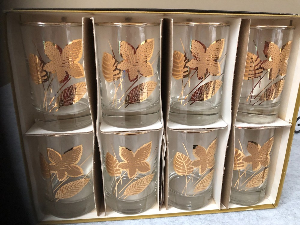Vintage MCM Libbey Embossed Gold Foliage Highball Glasses Set of 8 Original Box