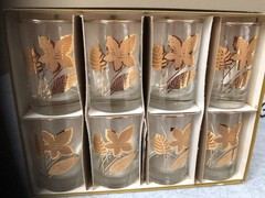 Vintage MCM Libbey Embossed Gold Foliage Highball Glasses Set of 8 Original Box