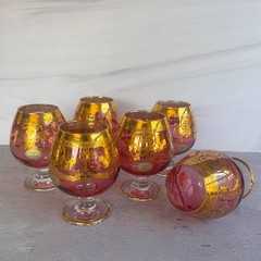 Vintage Italian Pink Glass Brandy Snifters Set of 6 Gold Gilt Made in Italy