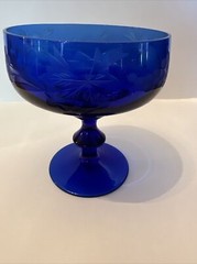 Cobalt Blue Glass Sherbet Sorbet Dessert or Cocktail Etched Grapes 4.5” Leaves