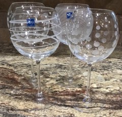 4 MIKASA FRANCE BALLOON CHEERS WINE ETCHED SWIRLS, DOTS, HORIZ 9 3/8”T W LABELS