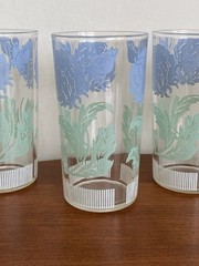 Set Of 6 Juice Glasses Blue Green Butterfly And Clover Flower Vintage 4 3/4” EUC