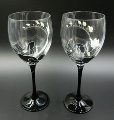 2 PINK & YELLOW FLORAL WINE GLASSES / WINE GOBLETS WITH BLACK STEMS