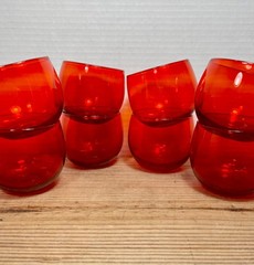 8 Red Orange Amberina Glass Roly Poly Set Anchor Hocking USA Mid Century Retro