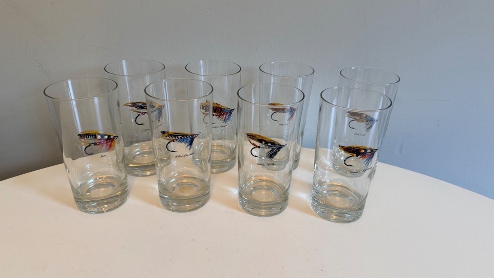 Vintage Fly Fishing Highball Glasses Set Of 8 With Multicolor Fly Designs