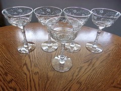 Champagne Etched Halifax Rock Sharpe Floral Blown 6 Oz – Set of 5 Glasses
