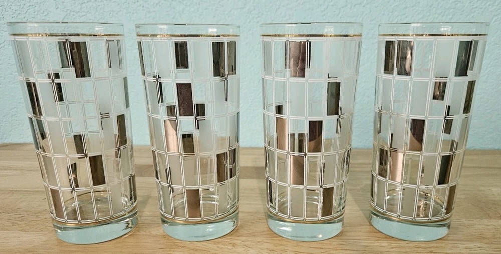 4 Culver Silver Mirrored Plaid Mosaic High Ball Glasses MidCentury6.25T In Box