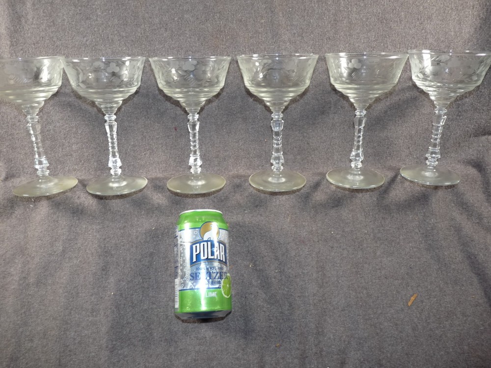6 Antique Cambrige ? Glass Etched And Engraved Champage Glasses