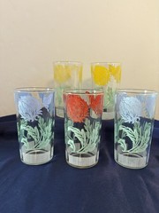 Set Of Vintage 5 Juice Glasses Blue Red Yellow Floral Design