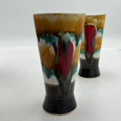 Set Of 5 Vintage Blue Green Red Drip Glaze Tumblers 5.5″ Retro MCM Boho Kitchen