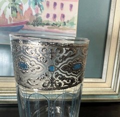 Set Of SIX Culver Sorrento Highball glasses , Silver Filigree W/ Turquoise