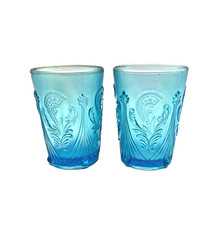 ST. CLAIR INVERTED FAN & FEATHER ICE BLUE CARNIVAL GLASS TUMBLERS