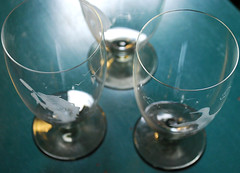 Vtg RUSSIA Set 3 HAND ETCHED Wine Glasses Luster Smoke Foot CIRCUS BEARS/DUCK