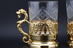 Vintage 24K Gold Plated Dragon Tea Glasses Set 2 Cut Crystal Turkish/Persian