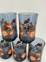 Set 5 Vintage Small Blue Juice Glasses Libbey Bolero Franco Orange Poppy MCM