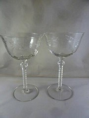 Vintage Fosteria Etched Crystal wine glasses Leaf Pattern 6.5″ set of two