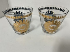 Pair MCM Georges Briard Regalia Gold/Blue Medallion Crown Barware Lowball Glass