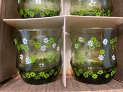 Set of 7Vintage Libbey 8oz. Green Strawflower Glass Tumblers “New in Box”