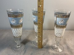 Set Of 3 Vintage G. Reeves Greek Blue White Gold Pilsner Glasses