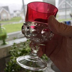 (4) VTG Indiana Glass Kings Crown Ruby Red Flash Thumbprint 2 oz Cordials 3 5/8″