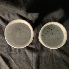 Pair Studio Pottery, 6-1/2″ Tall Redware Goblets with Grey Glaze and Blue Leaves