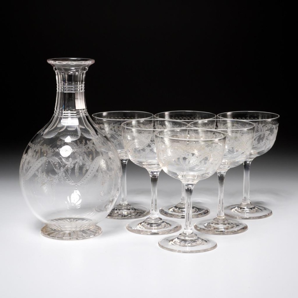 Ribbon Floral Swag Needle Etched Clear Wine Glasses & Carafe 7pc Set Antique A