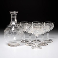 Ribbon Floral Swag Needle Etched Clear Wine Glasses & Carafe 7pc Set Antique A