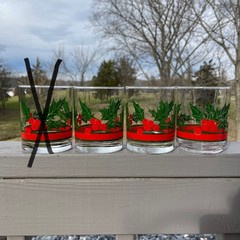 3 Christmas Glasses Libbey Holly Berry Red Band 4”H Double Old Fashioned Lowball