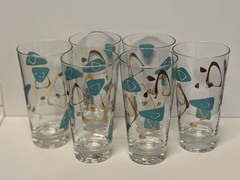 6 Federal Atomic Highball Glasses – Amoeba Pattern Turquoise & 22-Kt Gold Design
