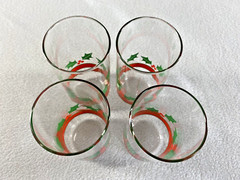 Vintage Libbey Holiday Christmas Glasses Red Green Stripes Holly 12 oz Set of 4