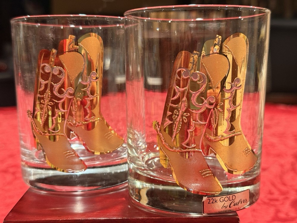 Vintage Culver 22k Gold Boots Laredo Double Old Fashioned Rocks Glasses USA MCM