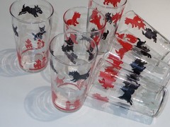 7 Vintage Libbey Glass Red Black & White Scottie Scotty Dog Tumblers