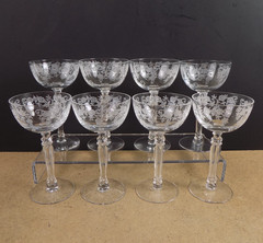 8 Fostoria Buttercup Etched Liquor Cocktail Glasses Etch Flowers VGC 5.25″ Tall