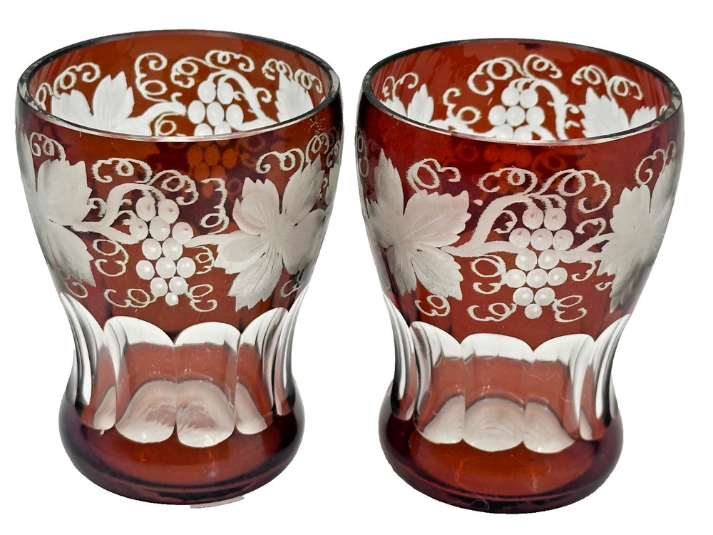 Pair 3″ Liquor Glasses Ruby Cut to Clear Bohemian Glass Grape and Vine Motif
