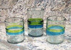 3 Blown Art Glass Tumblers 3.5″ 4″ 5″ Bands In Turquoise Aqua & Green Excellent