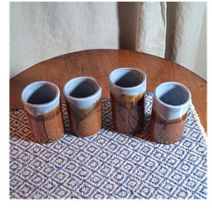 Handmade Ceramic Tumblers Set of 4 Signed Brown Blue White Glossy Pottery