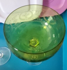 Pair of chartreuse green Val St. Lambert fleur de lis stem wine glasses Signed