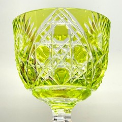 Vintage Bohemian Cased Chartreuse Green Cut-To-Clear Crystal Wine Glass Goblet